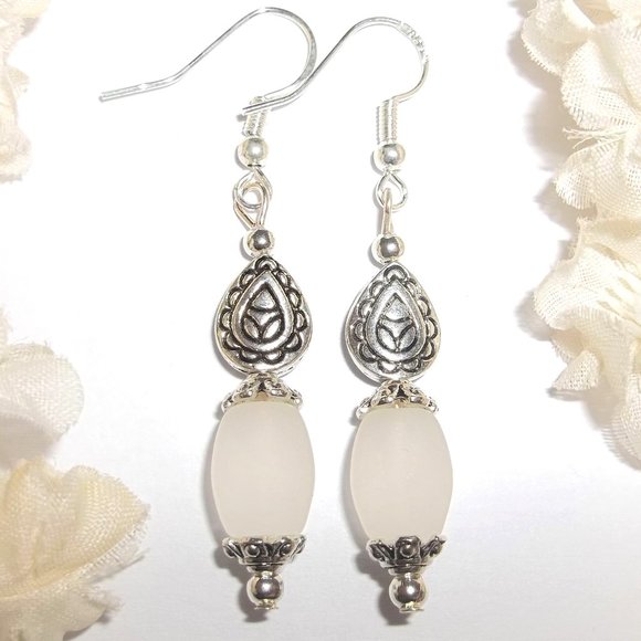 wvluckygirl Jewelry - Earrings, White Earrings, Beaded Earring, White and Silver Earring, Earring 7924